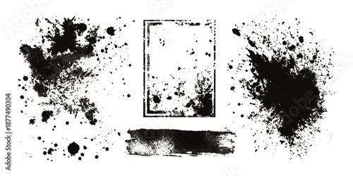 Abstract black ink paint grunge brush stroke border set background. grungy rough brushstrokes splatter stains dirty textured and transparent background vector collection.