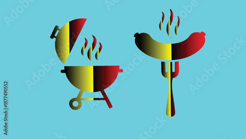 Belgian style barbecue concept icons featuring a charcoal grill and sausage on a fork with flag colors

