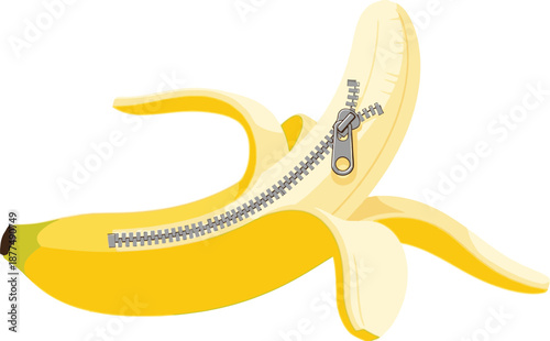 Banana with a zipper opening revealing edible fruit inside for peeling or unzipping food concept