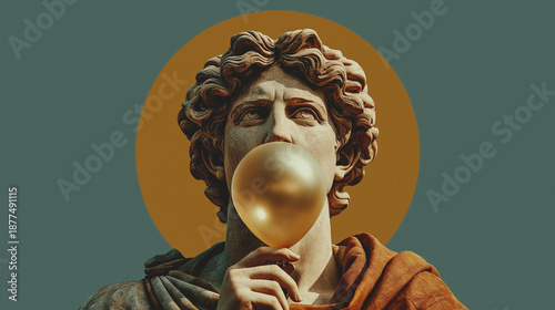 Statue with Bubble Gum: An antique statue of a man with a golden bubble gum against a teal background, symbolizing a unique blend of past and present with a modern twist.