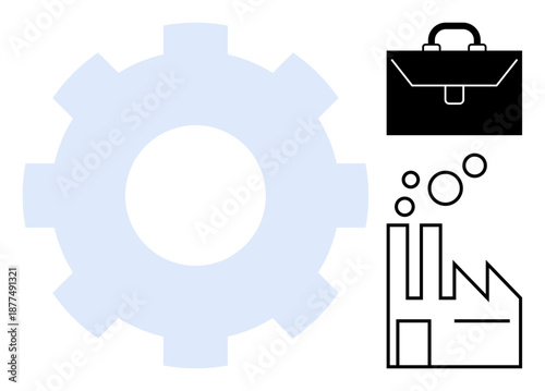 Manufacturing, industrial processes, business operations, innovation, productivity enhancement, teamwork. A gear, factory briefcase and bubbles manufacturing and industrial processes. Manufacturing