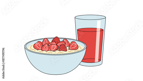 Healthy breakfast meal consisting of a bowl of creamy oatmeal topped with fresh strawberry slices and a glass of red juice.