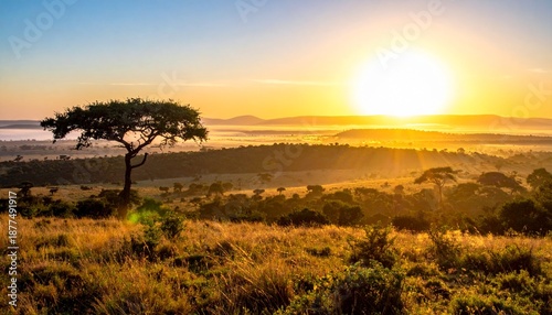 Golden Sunrise Over African Savanna - A Majestic Landscape with a Lone Tree.