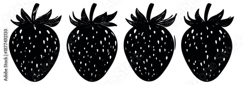 Hand drawn black silhouette strawberry set featuring four different berry shapes for food and healthy lifestyle designs