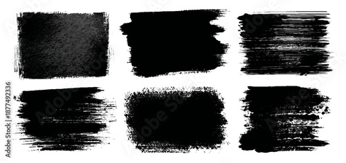Abstract black ink paint grunge brush stroke border set background. grungy rough brushstrokes splatter stains dirty textured and transparent background vector collection.