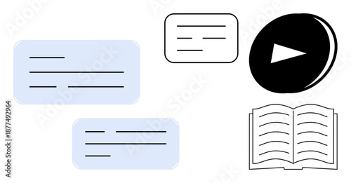 Education, media use, content creation, online learning, digital storytelling, written communication. Various textboxes, an open book and a play button icon. Education and media use concept