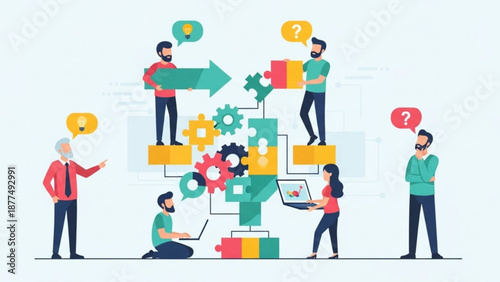 Diverse team collaborating on complex problem solving with gears question marks and technology