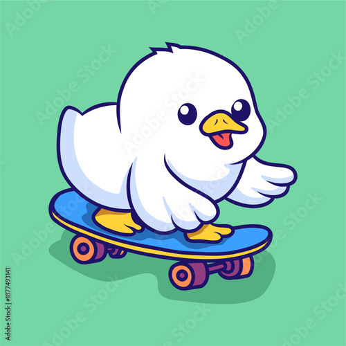 Cute Kawaii Duck Skateboarding Cartoon Character Vector Illustration