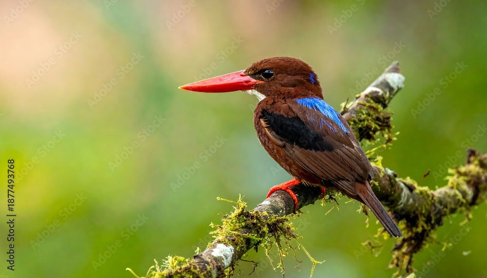 Fototapeta premium Chestnut-headed Bee-eater perched on a mossy branch in the forest.