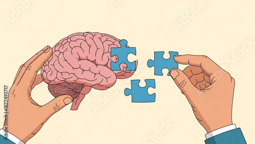 Hands holding brain with puzzle pieces symbolizing problem solving and cognitive function