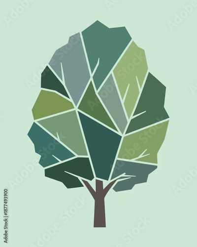 Geometric tree abstract featuring vibrant green polygons, symbolizing organic growth, environmental balance, and sustainable ecology in modern graphic art