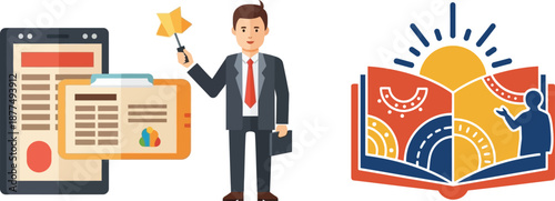 Business man presenting data on a tablet and graphic illustration of an open book with a sun and person icon