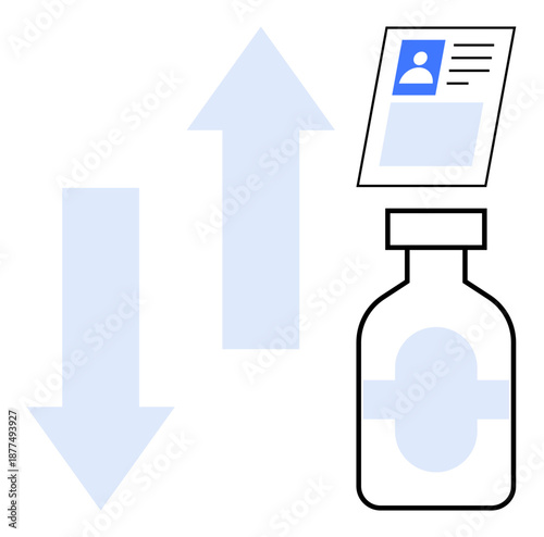 Vaccine distribution visual. Vaccine bottle alongside identification card and directional arrows, medical logistics, vaccine access, and health management. Ideal for health, logistics, vaccination