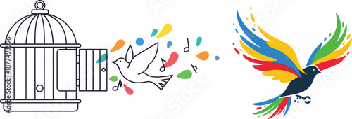 Freedom and creativity represented by a bird flying out of a cage and a colorful bird in flight