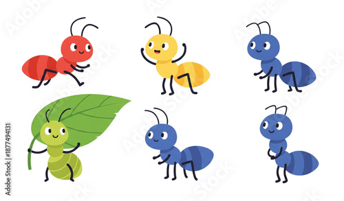 Cute ant flat vector animal illustration set isolated on transparent background