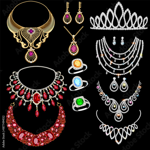 Illustration of a jewelry set with a chain with a pendant, earrings, necklace and tiara  with multi-colored precious stones, beads and pearl.