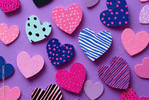 Multicolored Heart background. Valentine Wallpaper with Pink, Polka Dot and Striped love hearts 