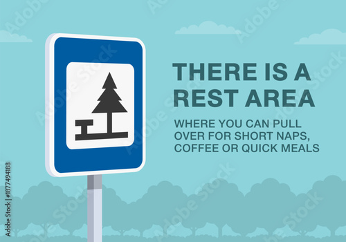 Safe driving tips and traffic regulation rules. Close-up of european "picnic or rest area" sign meaning. You can pull over for short naps, coffee or quick meals. Flat vector illustration template.