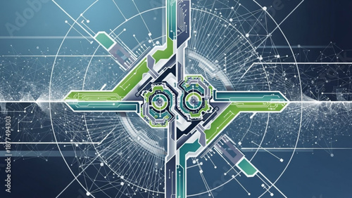 Futuristic green and blue abstract design with glowing lines and geometric shapes on a dark background