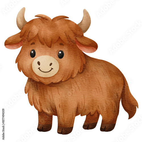 Konstfotografi Cute watercolor yak illustration with long brown fur and curved horns