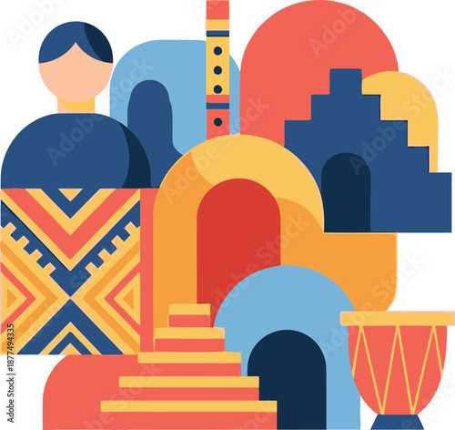Vibrant Abstract Geometric Illustration of Peruvian Culture and Traditional Instruments