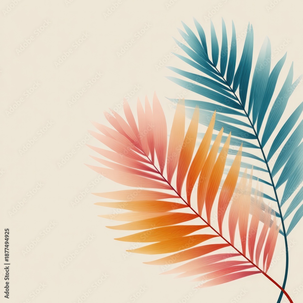 Naklejka premium Colorful palm leaves on beige background with vibrant blue and orange hues