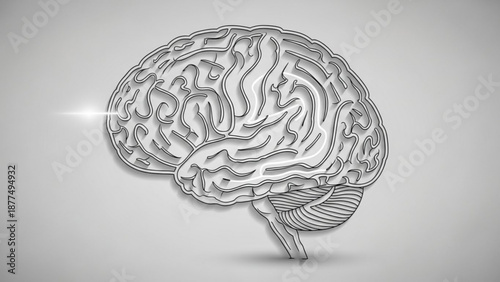 Detailed illustration of a human brain with a glowing light on a gray background symbolizing intelligence and knowledge