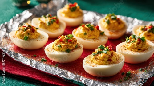 Deviled Eggs Delight: A close-up shot presents an array of perfectly crafted deviled eggs, showcasing their vibrant colors and enticing textures with red chilis and green chives. 