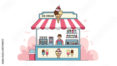Charming ice cream stand or booth with a pink striped awning, a wide variety of treats, and a friendly male vendor serving.