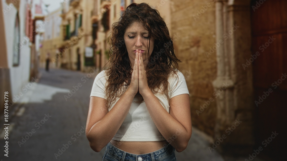 Obraz premium Woman pressing hands together in prayer with closed eyes on a narrow old town street; solemn prayer.