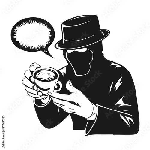 A mysterious masked man holds a cup of coffee in his hands. Black vector sketch on a white background