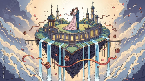 Whimsical floating castle with a romantic couple standing on a heart shaped island surrounded by clouds and ribbons