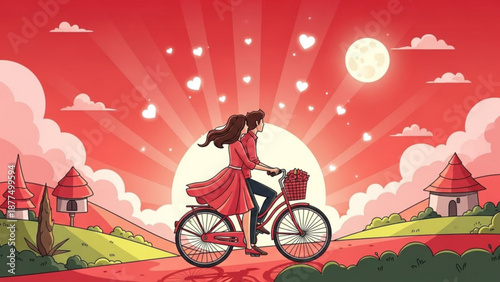 Woman riding bicycle on red road through whimsical village under pink sunset sky with white clouds and hearts