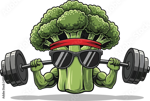 Buff broccoli vegetable character mascot wearing red headband performing intense barbell lift workout cartoon vector graphic design