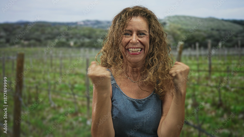 Obraz premium Woman clenches fists and smiles in denim dress amid a vineyard with wooden trellis in forest hills; joy triumph.