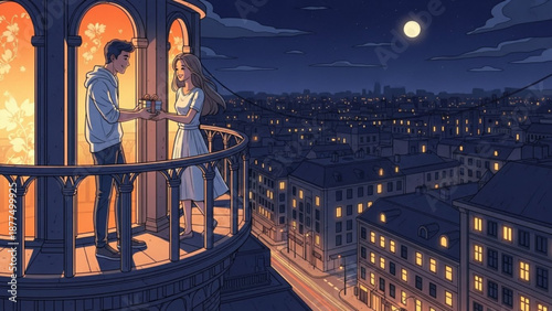 Couple shares romantic moment on balcony overlooking cityscape at night with moonlight