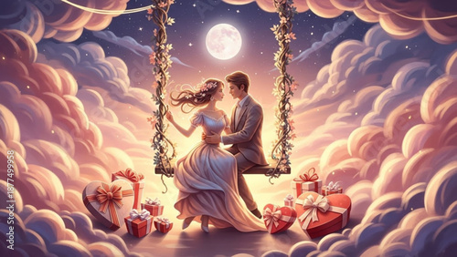 Romantic couple swinging on clouds under full moon with gifts