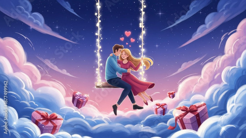 Romantic couple kissing on a swing surrounded by gifts and clouds at sunset