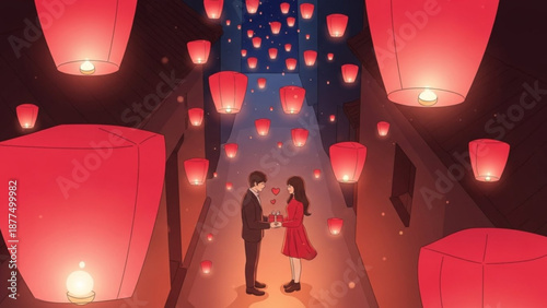 Couple standing under romantic red lanterns at night surrounded by glowing lights love and relationship concept