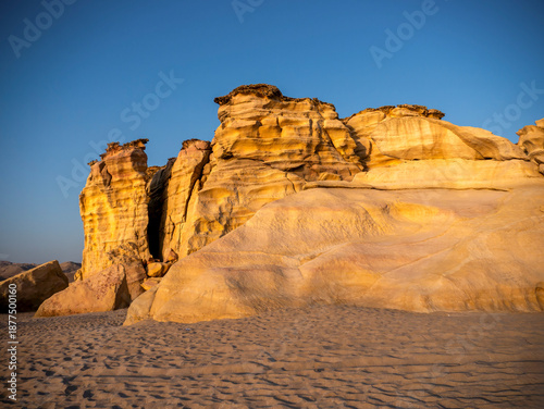 Rock formations in the Ras Al-Jinz turtle sanctuary in Oman in the morning light.