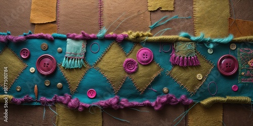 Colorful patchwork quilt with felt, buttons, embroidery, and handcrafted textile art