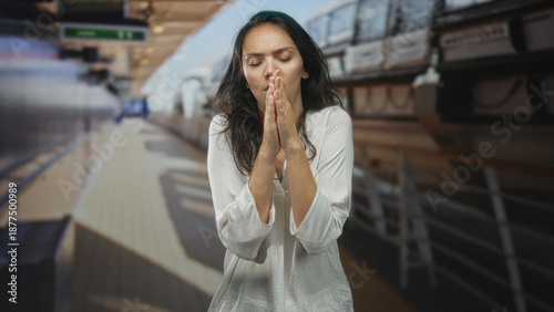Free Download Young hispanic woman with hands pressed together praying on a commuter train platform inside a station building; anxiety prayer solitude. - GFXLoad