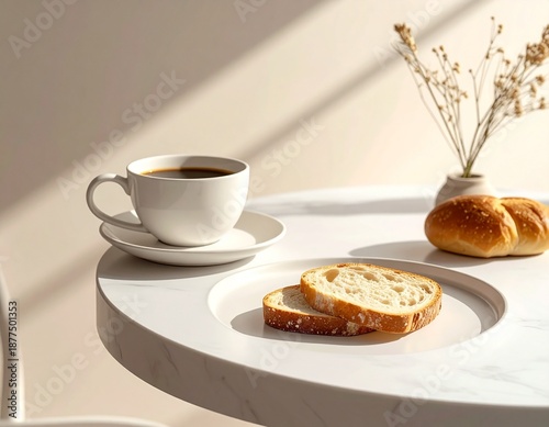 Minimalist Breakfast with Bread and Coffee on Clean Table