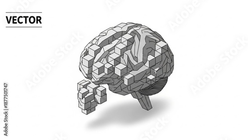 Brain composed of cubes with one piece removed symbolizing memory loss or mental health on a white background
