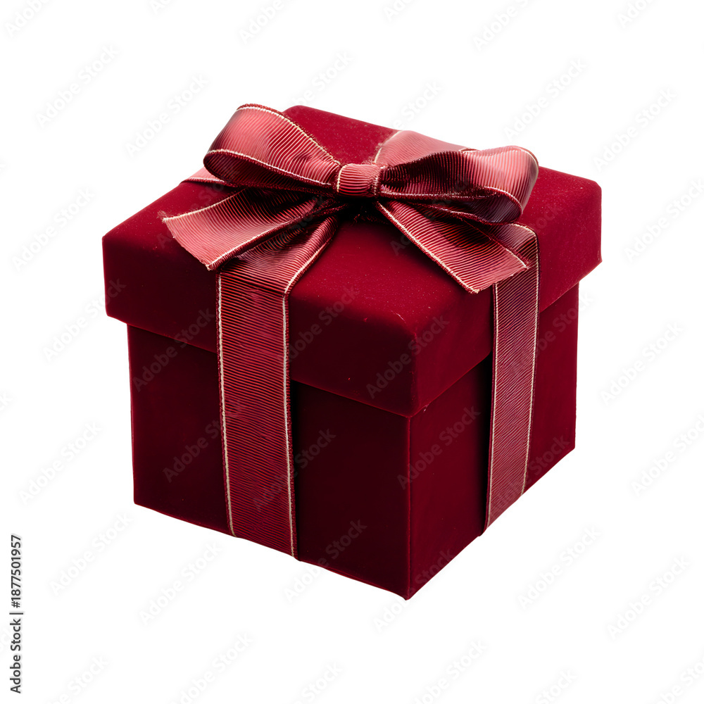 Fototapeta premium Red velvet gift box with bow, isolated on transparent background