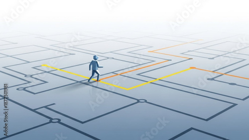 Businessman navigates complex maze with yellow and orange paths symbolizing problem solving and strategy in a challenging environment
