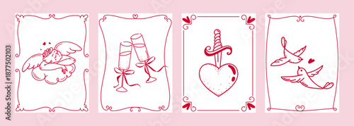 Valentines Day card templates with hand drawn love elements including cupid, heart, champagne, and birds in red line art style for greeting cards, prints, invitations, and digital designs.Vector