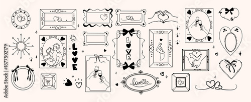 Hand Drawn Love Frames and Romantic Elements. love frames and romantic hearts, couples, hand gestures for Valentines Day cards, wedding invitations, posters, social media graphics.Vector illustration