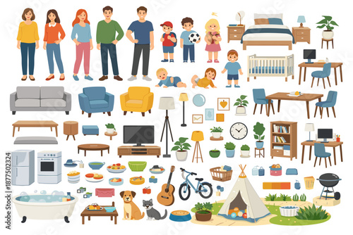 Collection of diverse household items and family members, perfect for illustrating daily life