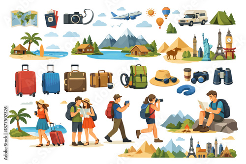 Travel and adventure icons collection with people, landmarks, and transportation